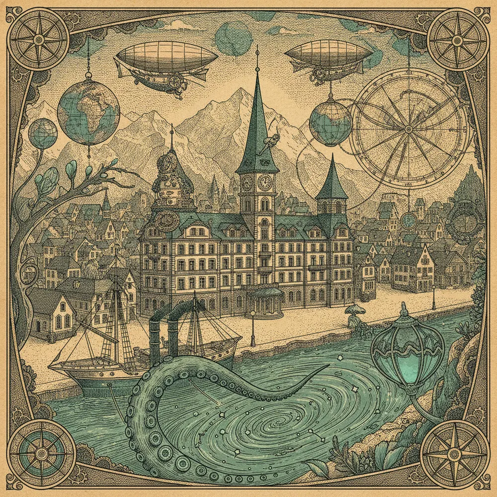 Detailed engraving of Interlaken Town