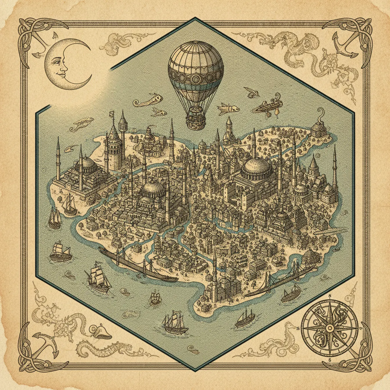 Hand-drawn tilted map of istanbul