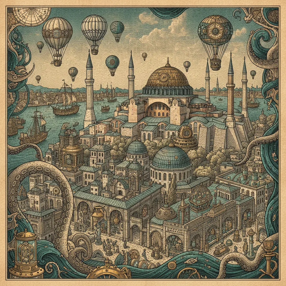 Detailed engraving of Grand Bazaar & Eminönü