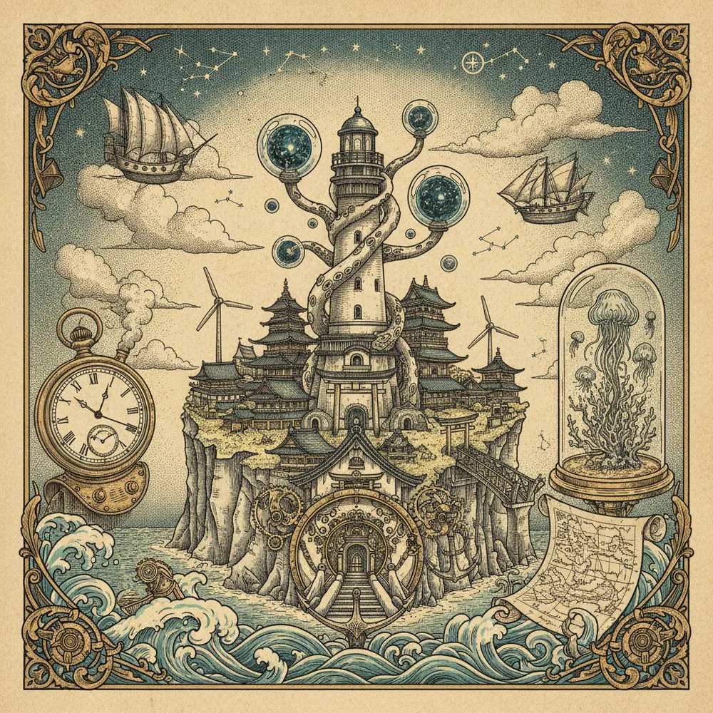 Detailed engraving of Enoshima Island