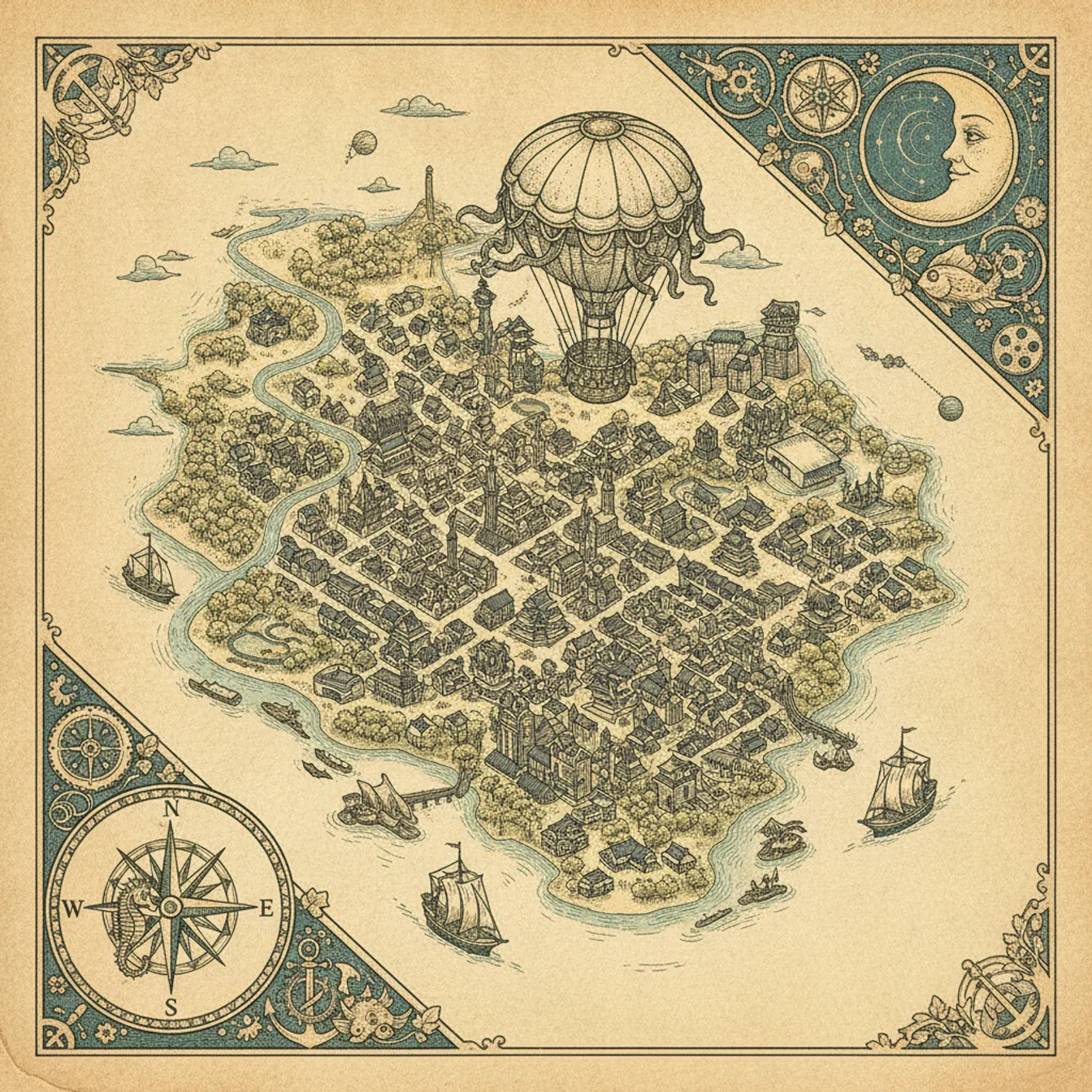 Hand-drawn tilted map of kanazawa