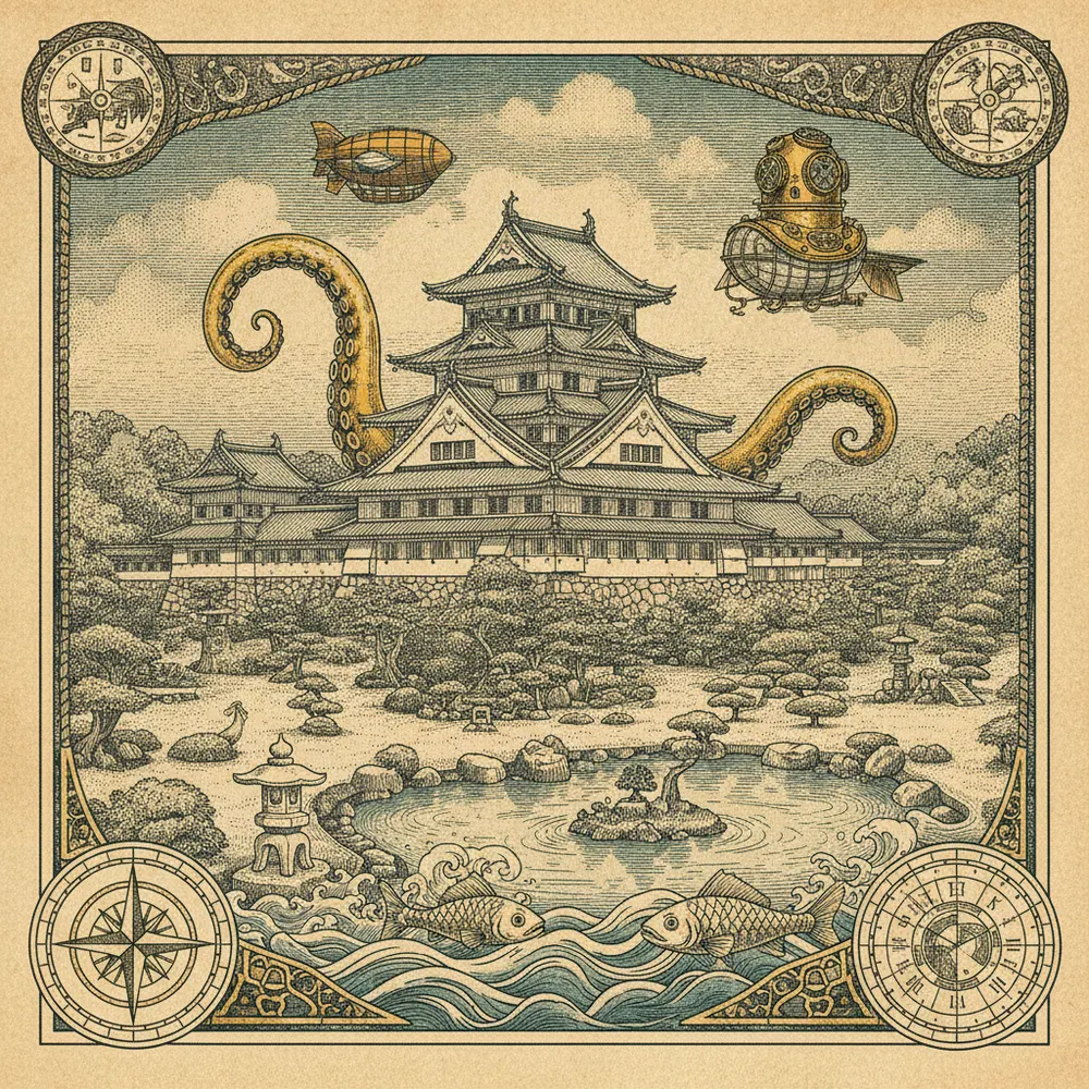 Detailed engraving of Kenroku-en & Castle