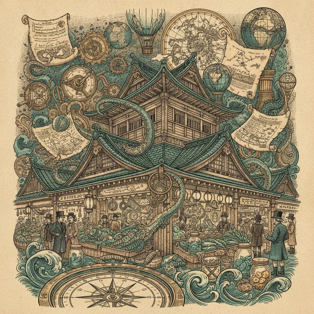Detailed engraving of Omicho Market