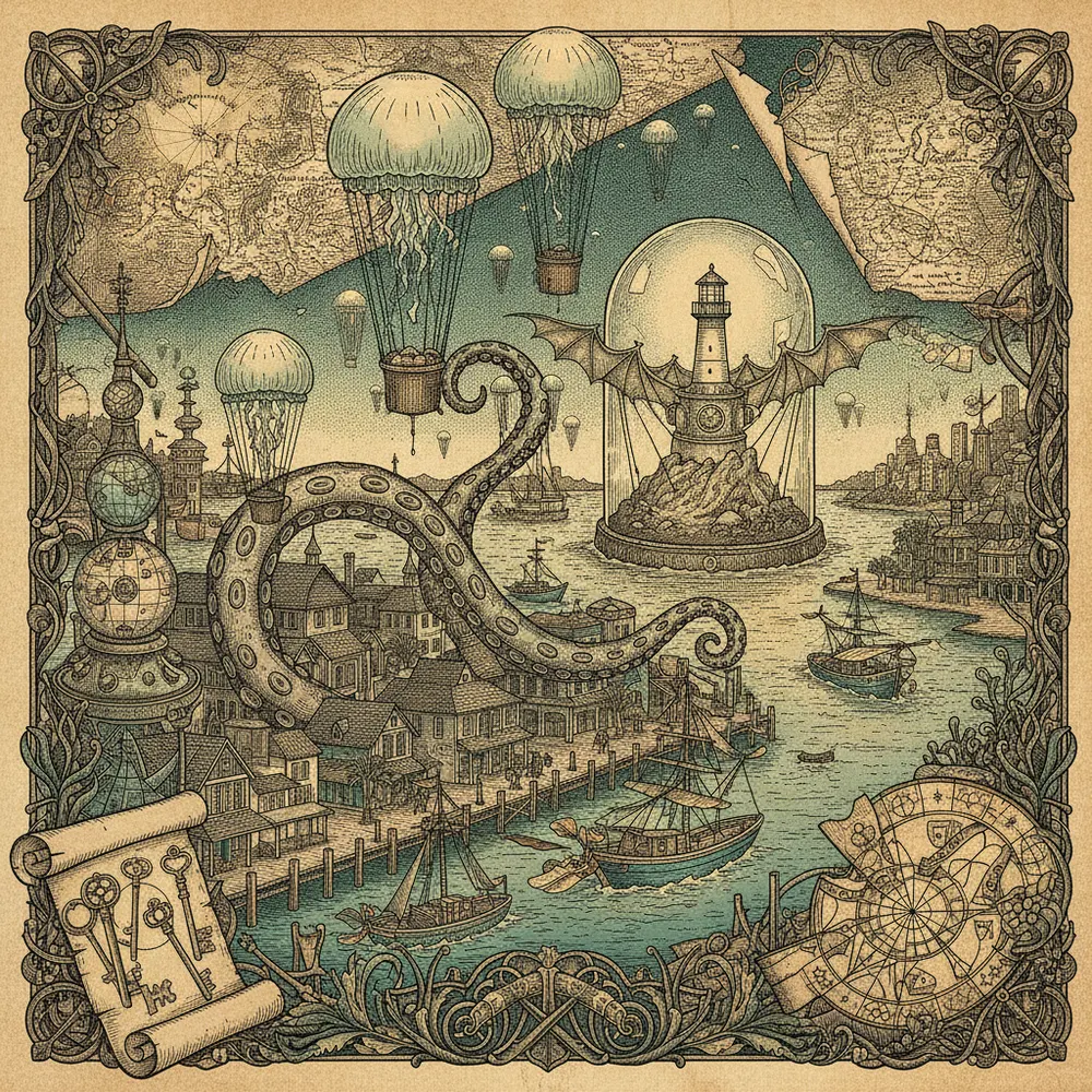 Detailed engraving of Mallory Square & Waterfront