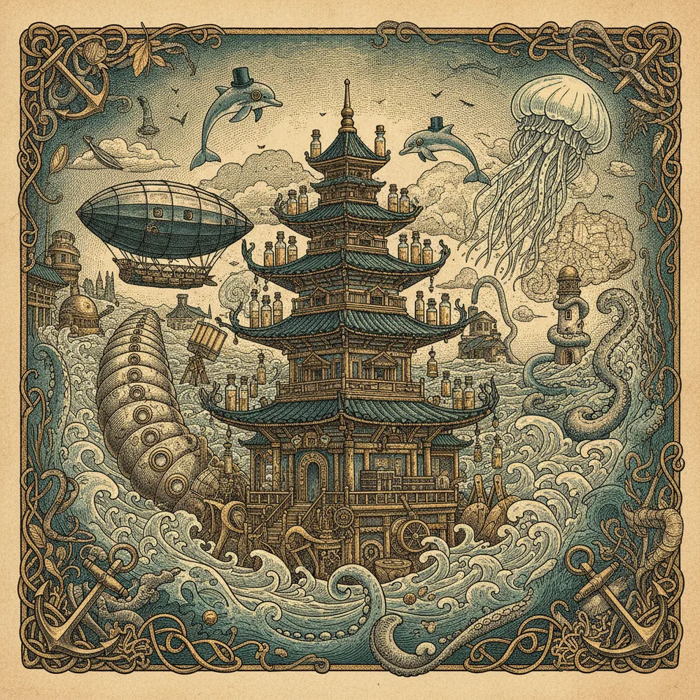 Detailed engraving of Nada Sake District