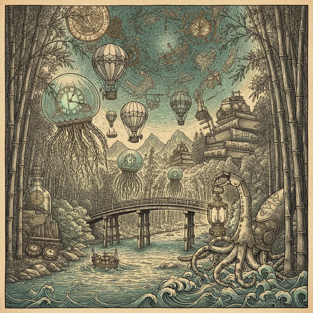 Detailed engraving of Arashiyama