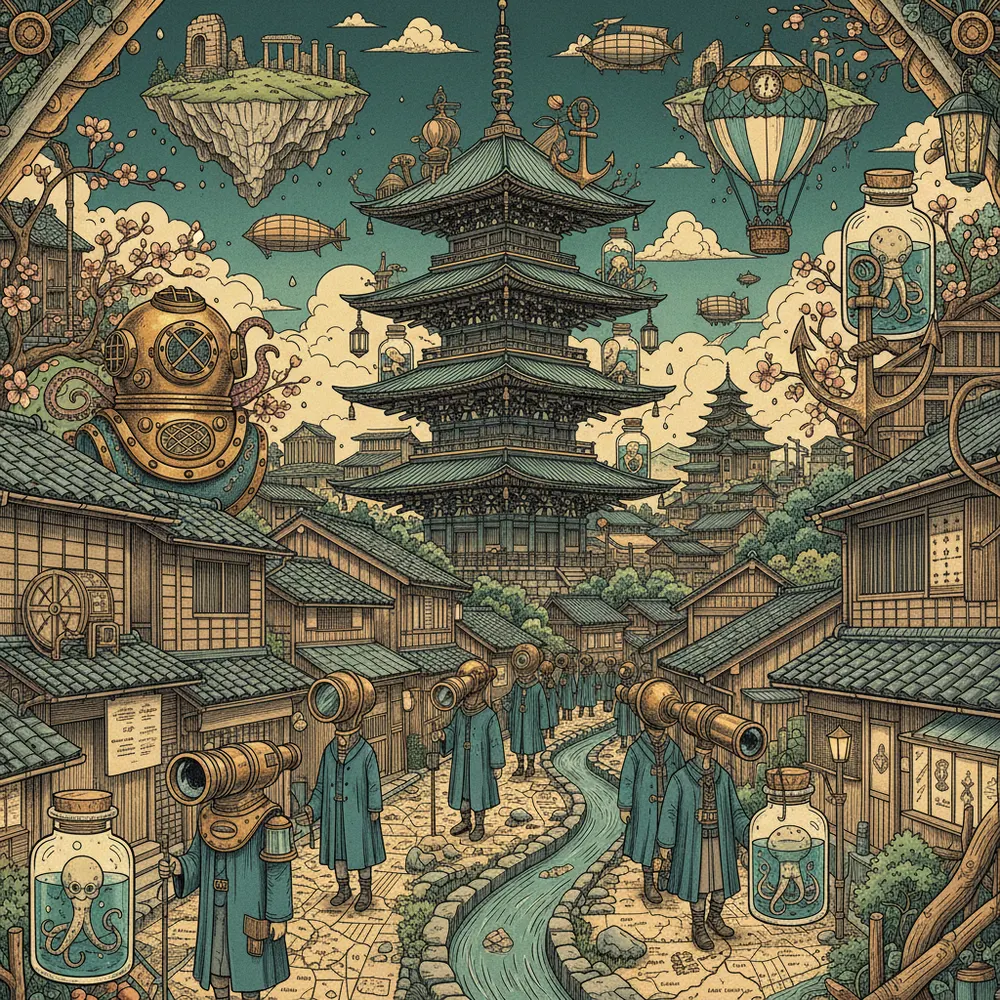 Detailed engraving of Gion