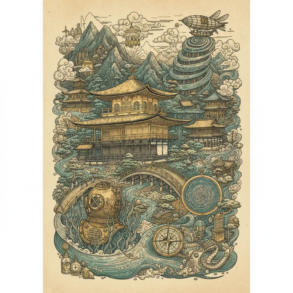 Detailed engraving of Northwest Temples