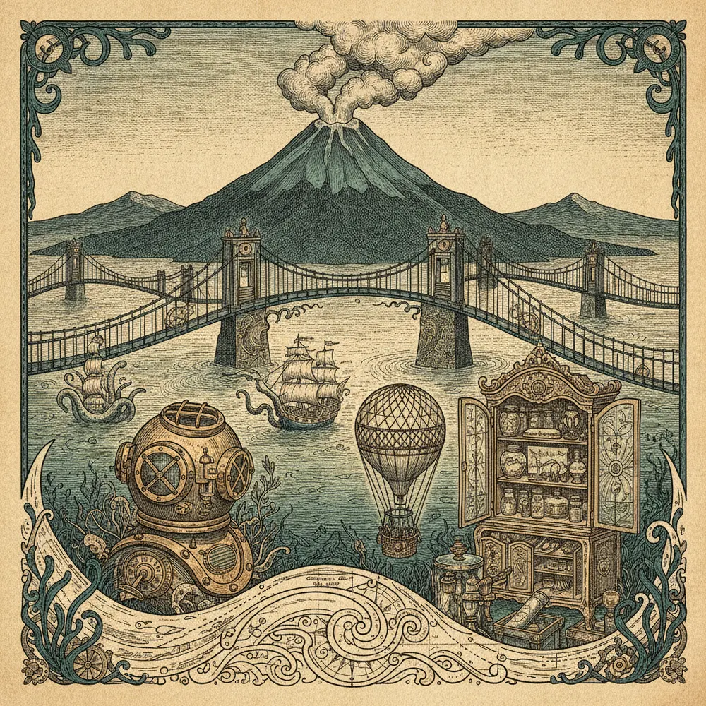 Detailed engraving of Lake Arenal & Bridges