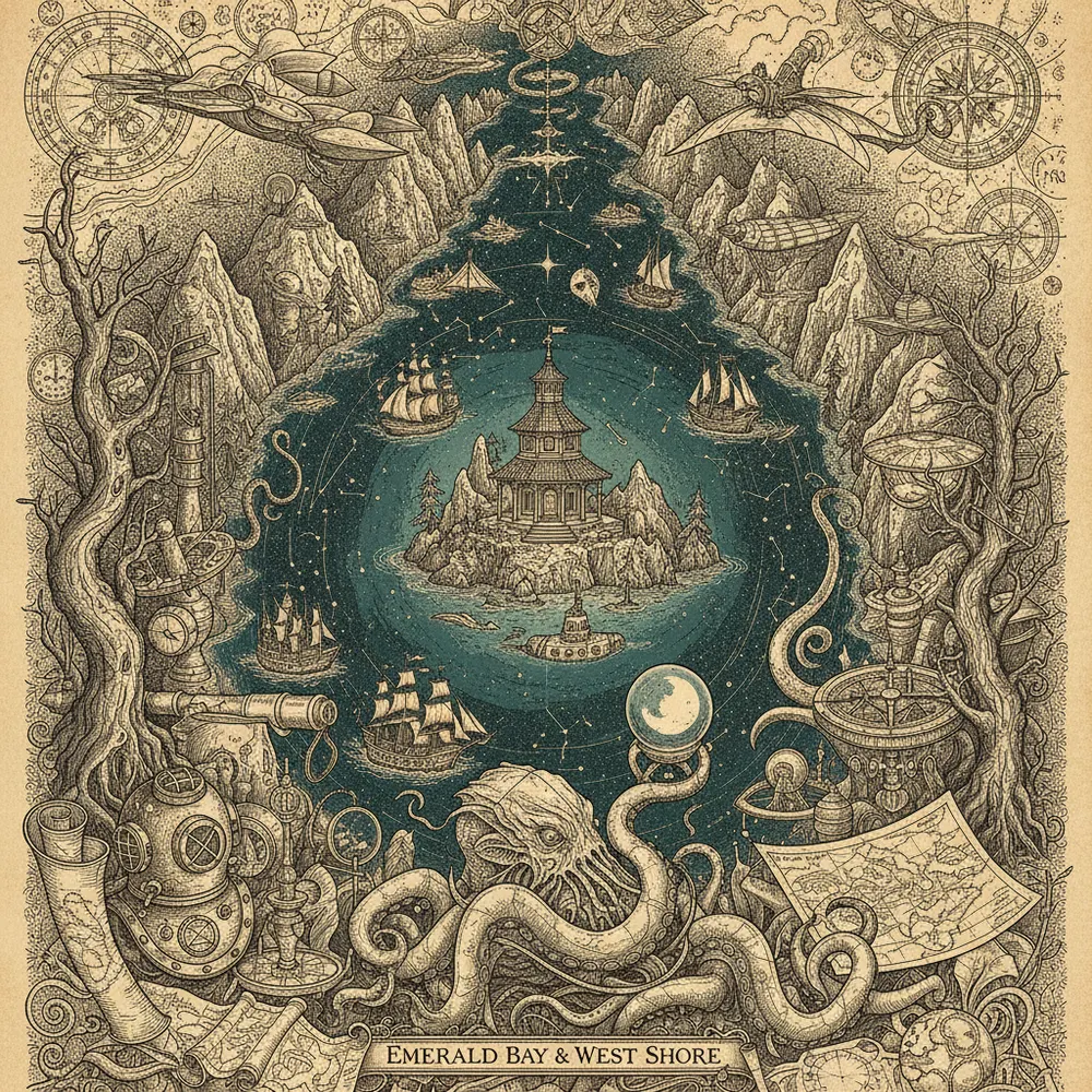Detailed engraving of Emerald Bay & West Shore
