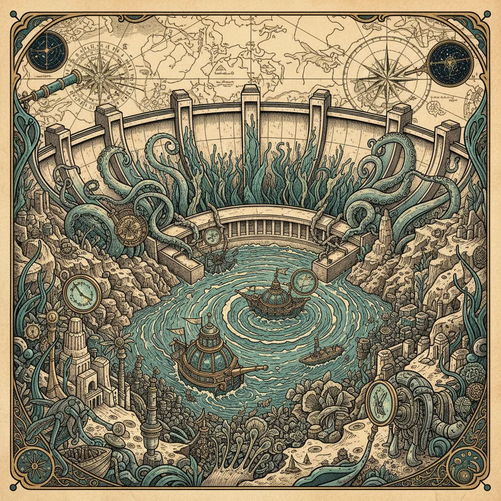 Detailed engraving of Hoover Dam & Lake Mead