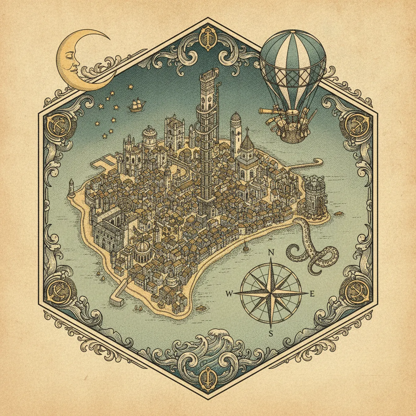 Hand-drawn tilted map of lisbon
