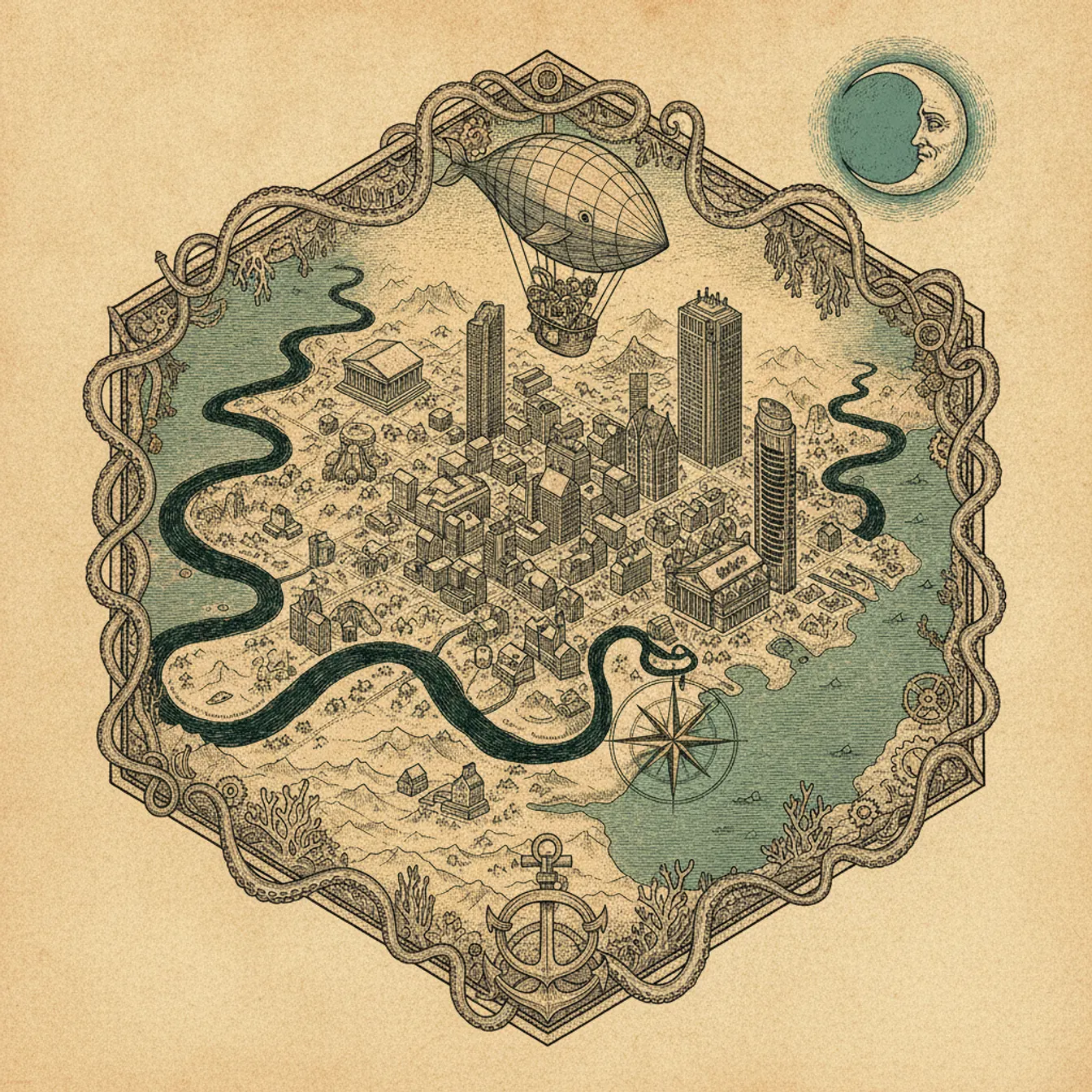 Hand-drawn tilted map of nashville