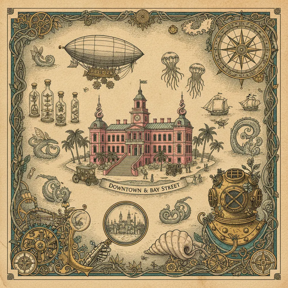 Detailed engraving of Downtown & Bay Street