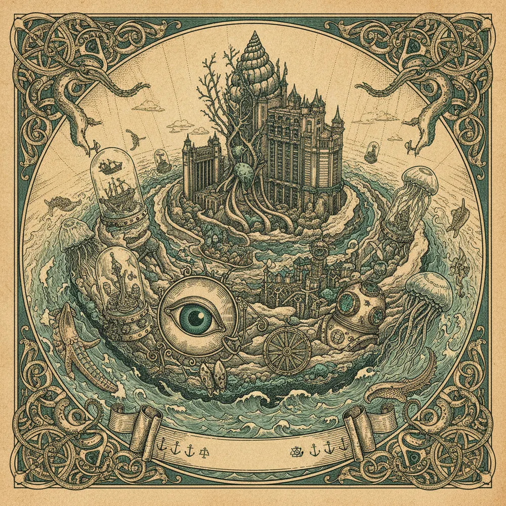 Detailed engraving of Paradise Island