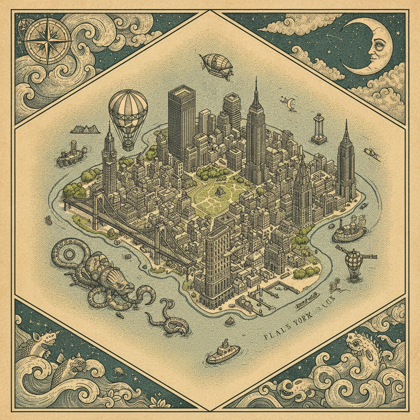Hand-drawn tilted map of new-york-city