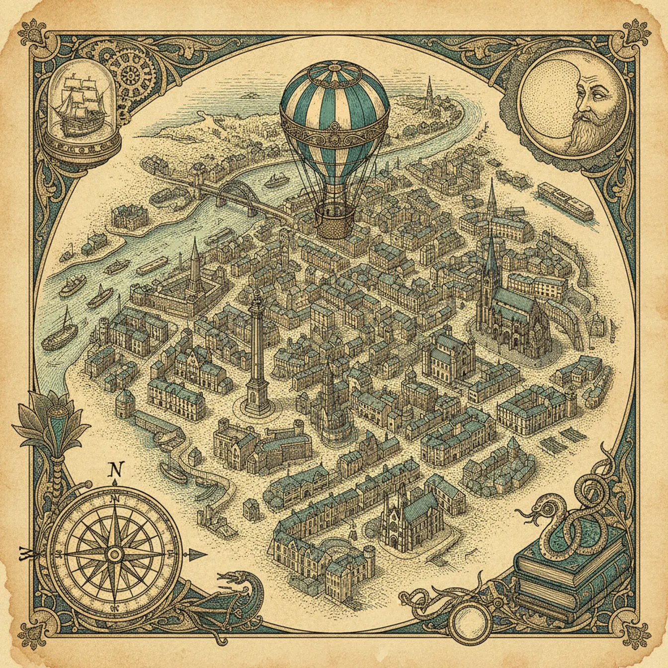 Hand-drawn tilted map of newcastle