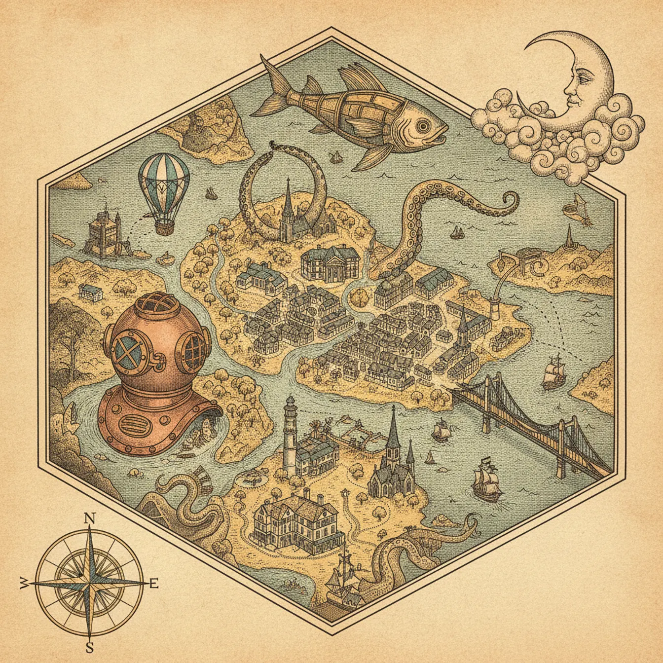 Hand-drawn tilted map of newport