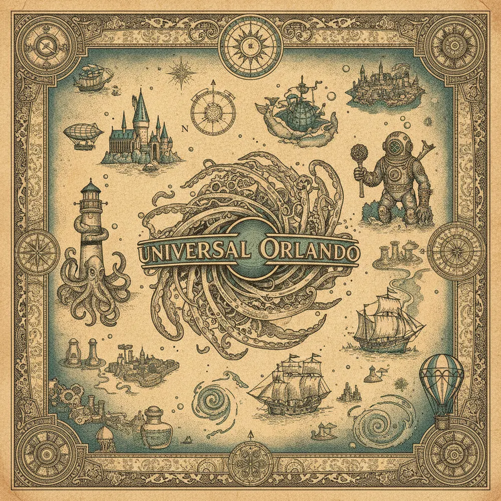 Detailed engraving of Universal Orlando