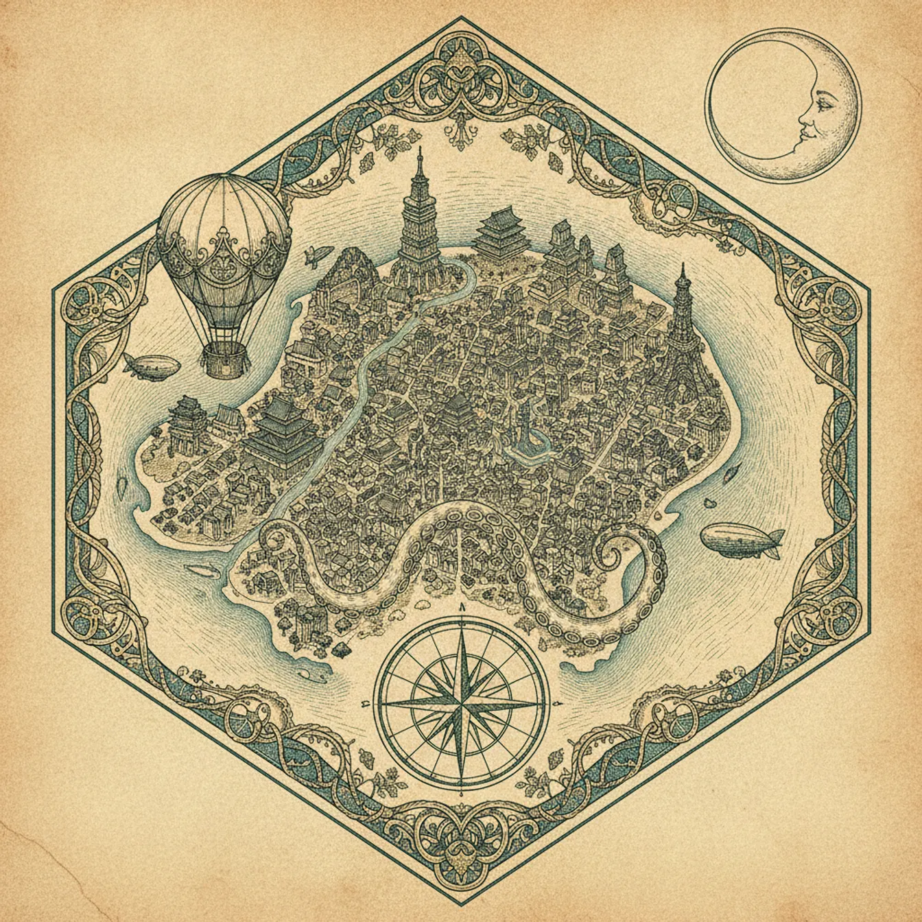 Hand-drawn tilted map of osaka
