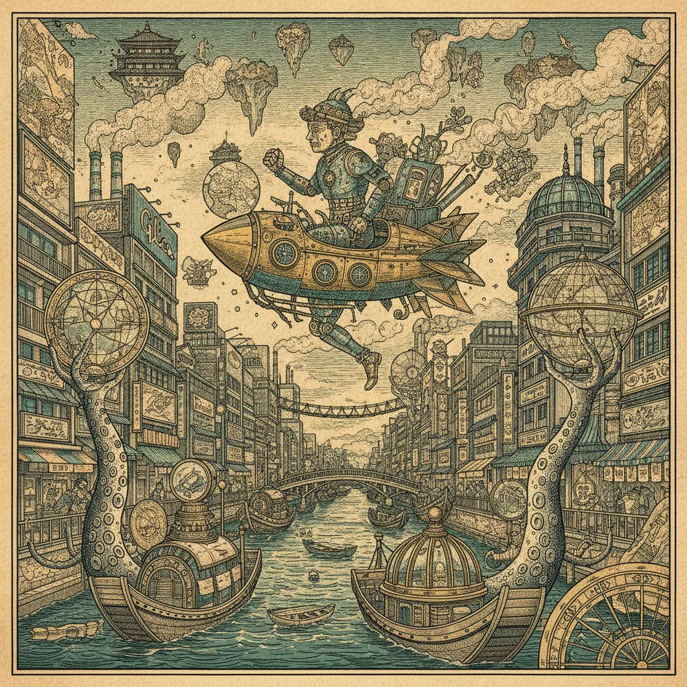 Detailed engraving of Dotonbori