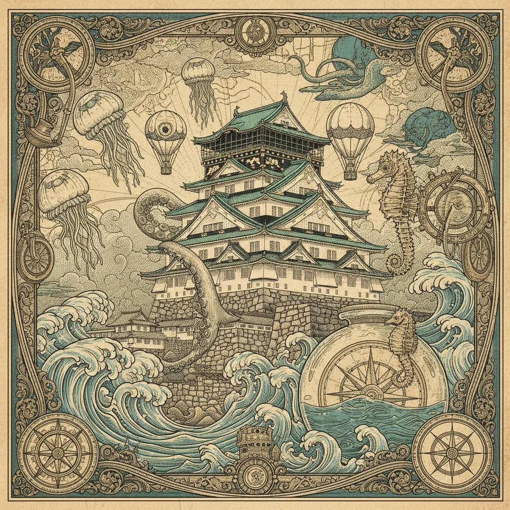 Detailed engraving of Osaka Castle & Chuo-ku