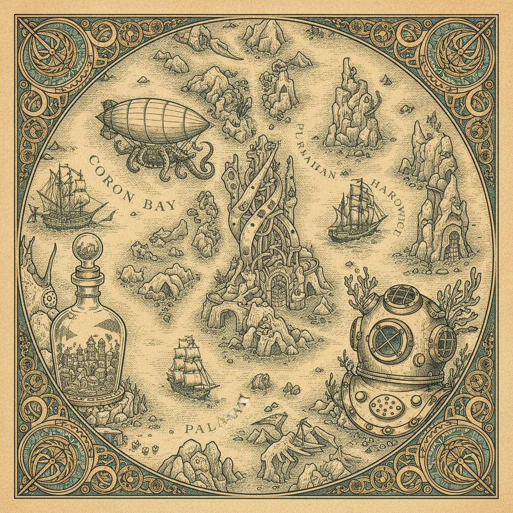 Detailed engraving of Coron Bay & Coron Island