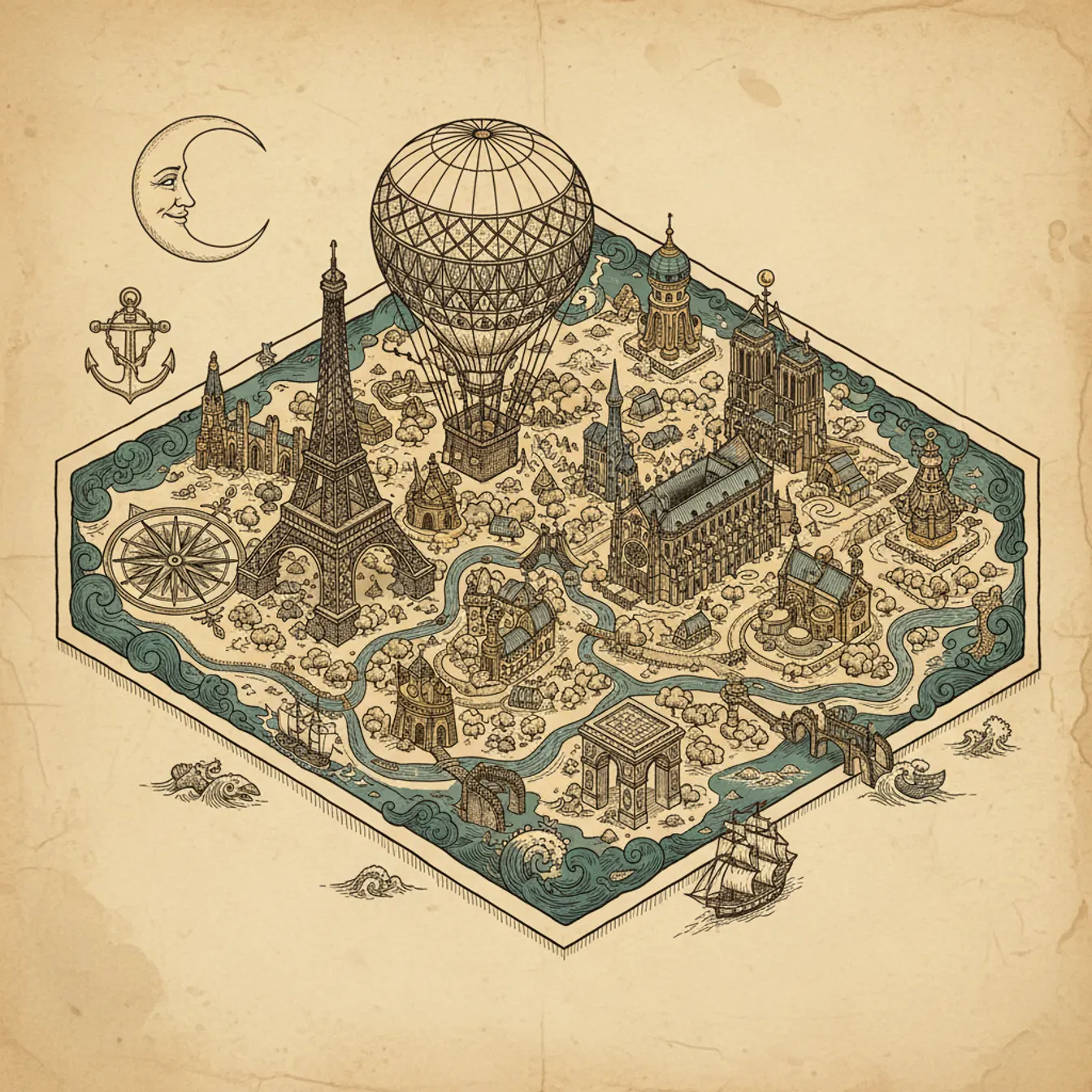 Hand-drawn tilted map of paris