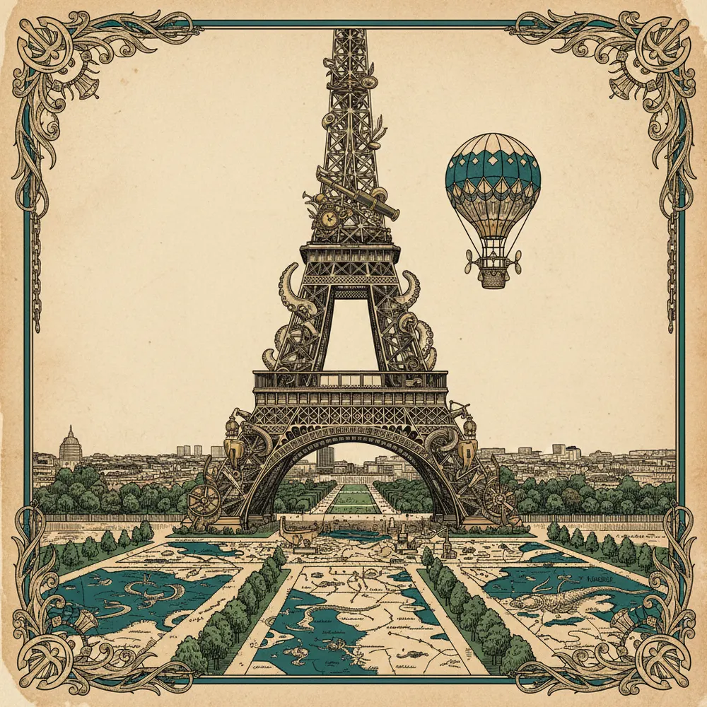 Detailed engraving of Eiffel & Champ de Mars