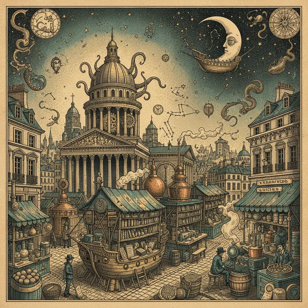 Detailed engraving of Latin Quarter & Panthéon