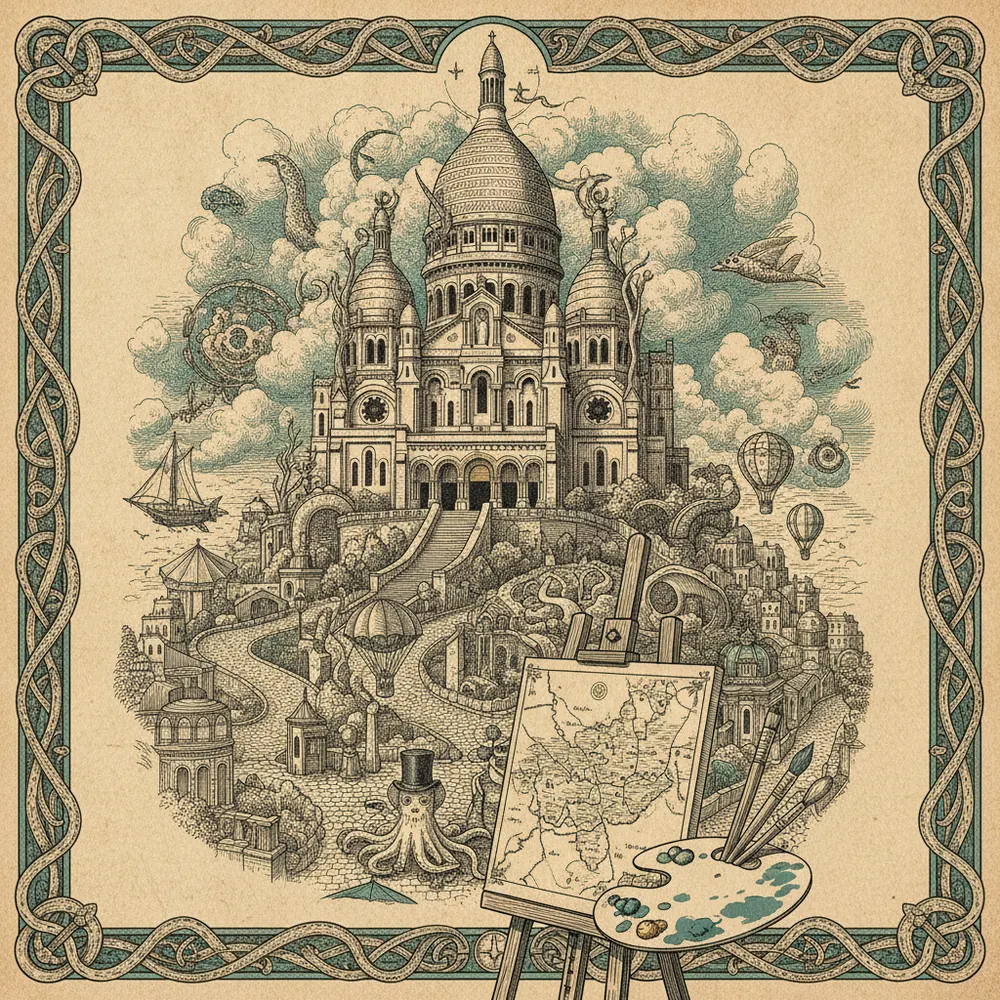 Detailed engraving of Montmartre & Sacré-Cœur