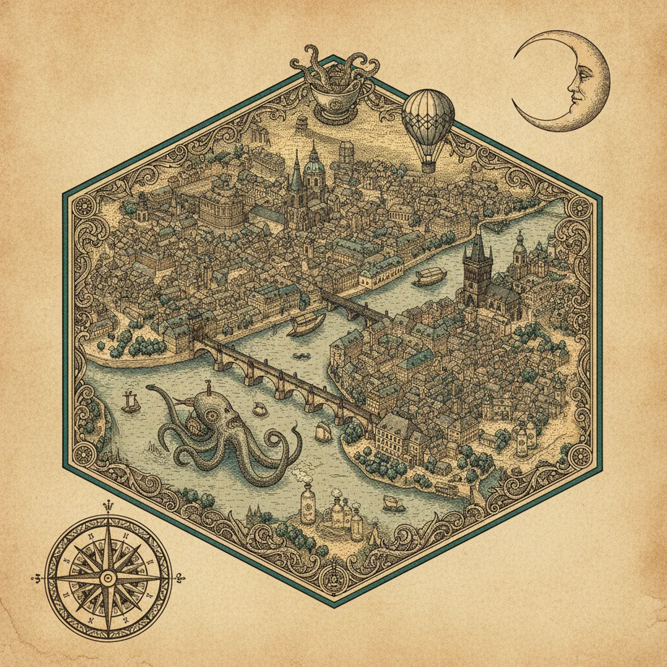 Hand-drawn tilted map of prague