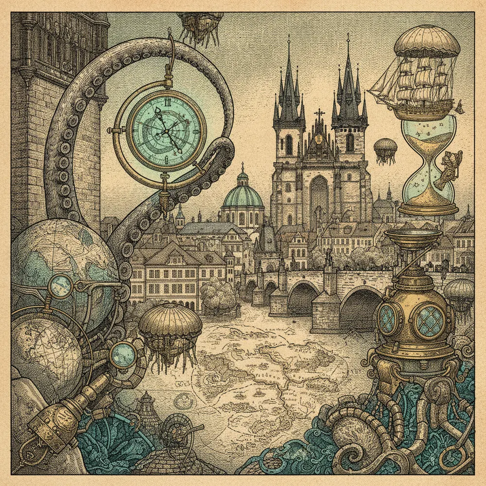 Detailed engraving of Staré Město (Old Town)