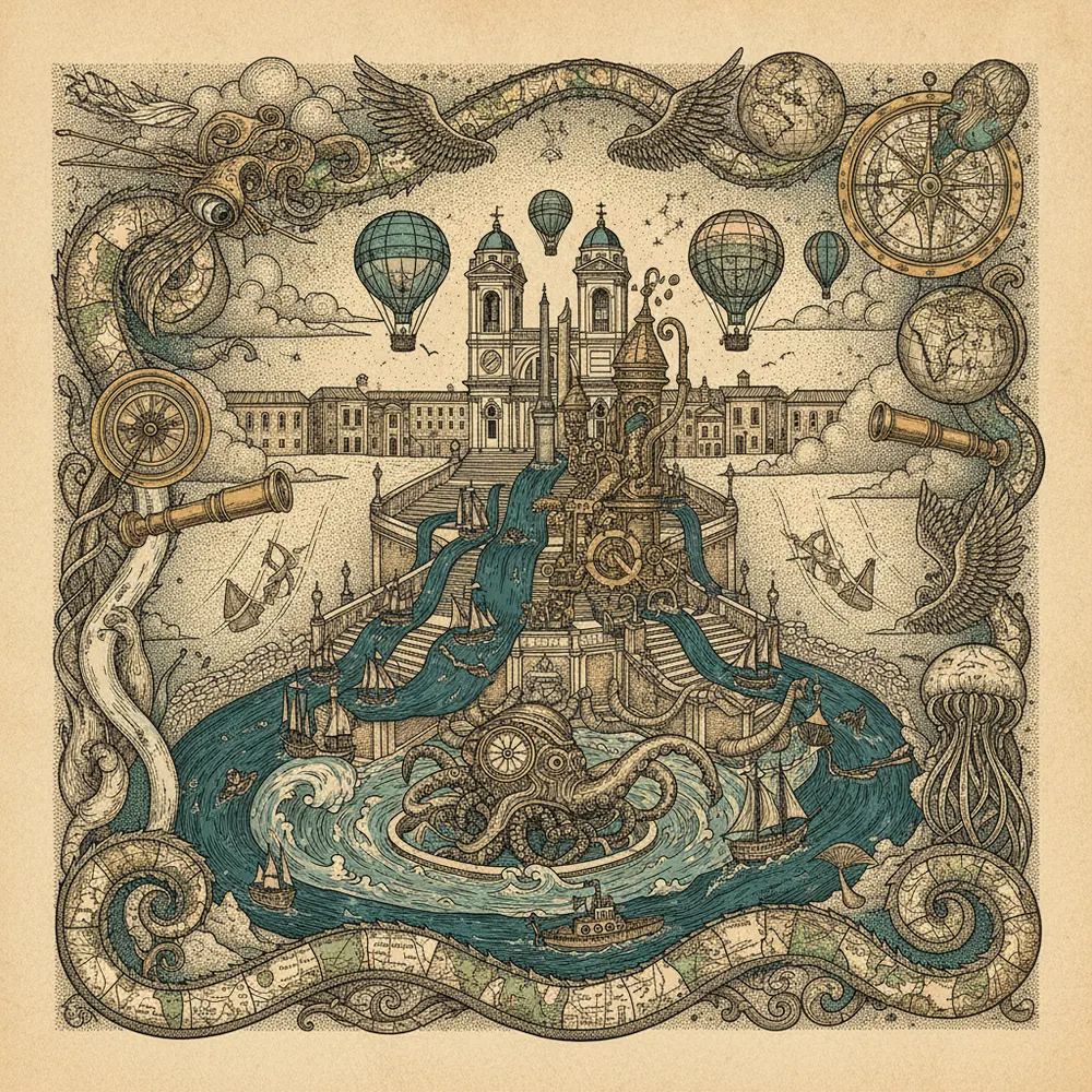 Detailed engraving of Borghese & Tridente