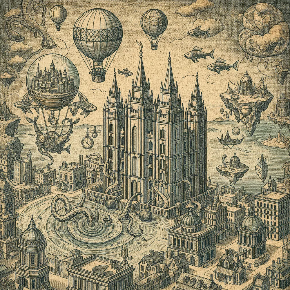 Detailed engraving of Downtown & Temple Square