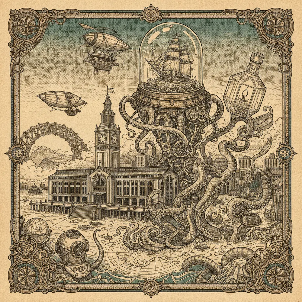 Detailed engraving of Embarcadero & Ferry Building