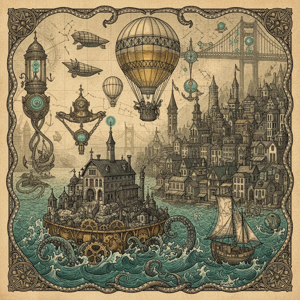 Detailed engraving of Fisherman's Wharf & Alcatraz