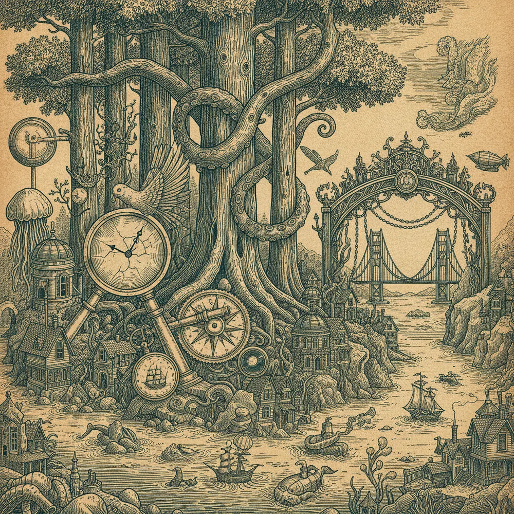 Detailed engraving of Muir Woods & Sausalito