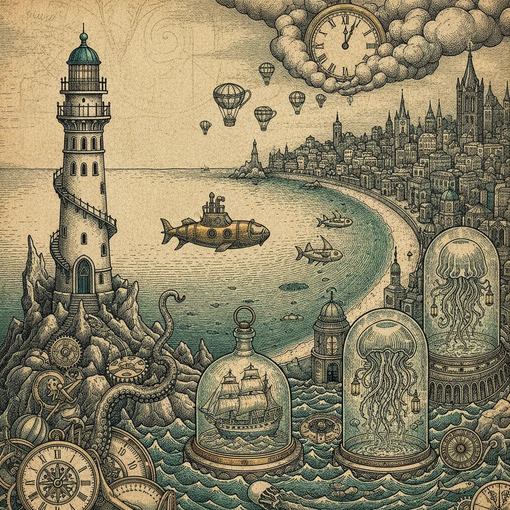 Detailed engraving of La Concha & Monte Igueldo