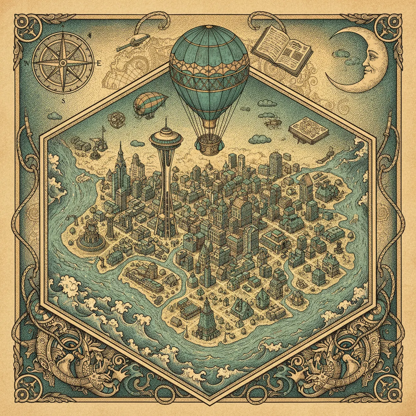 Hand-drawn tilted map of seattle