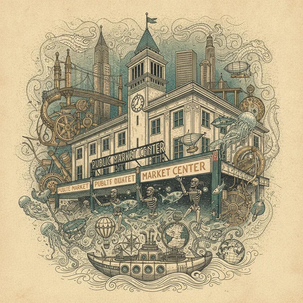 Detailed engraving of Pike Place