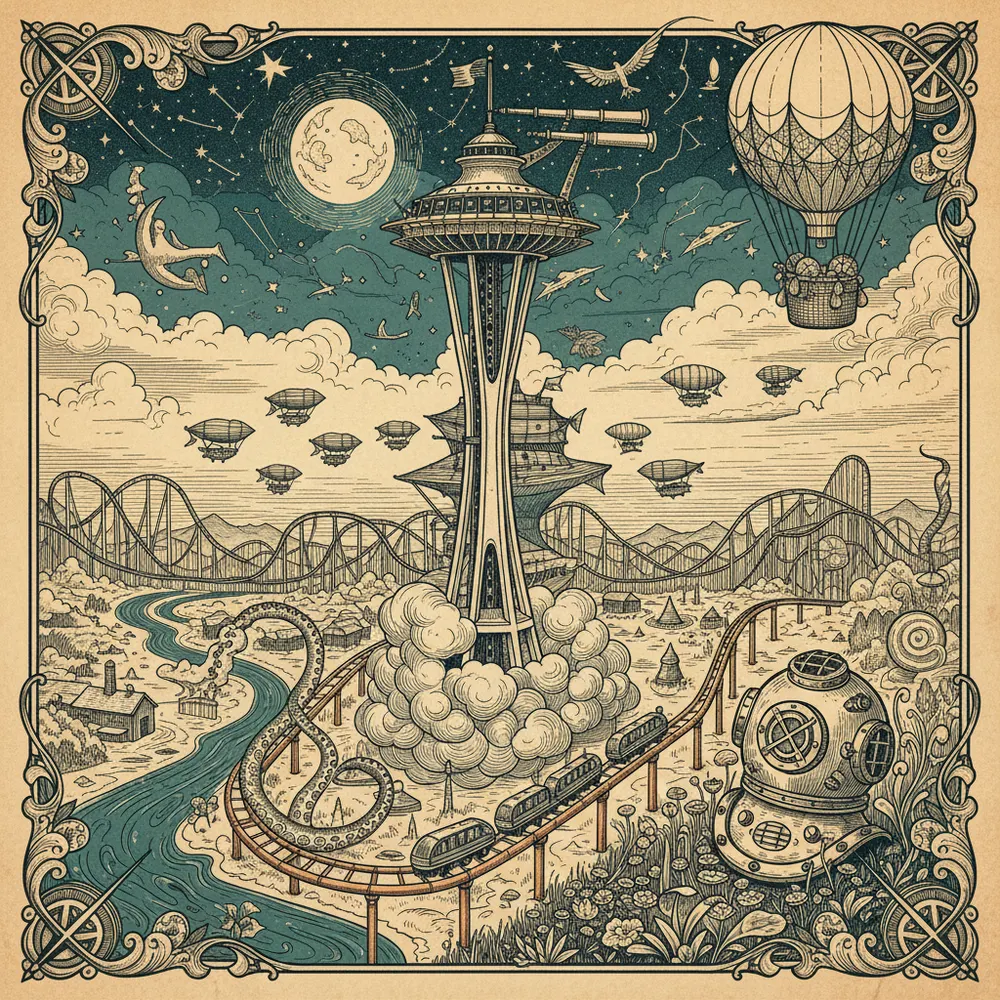 Detailed engraving of Seattle Center
