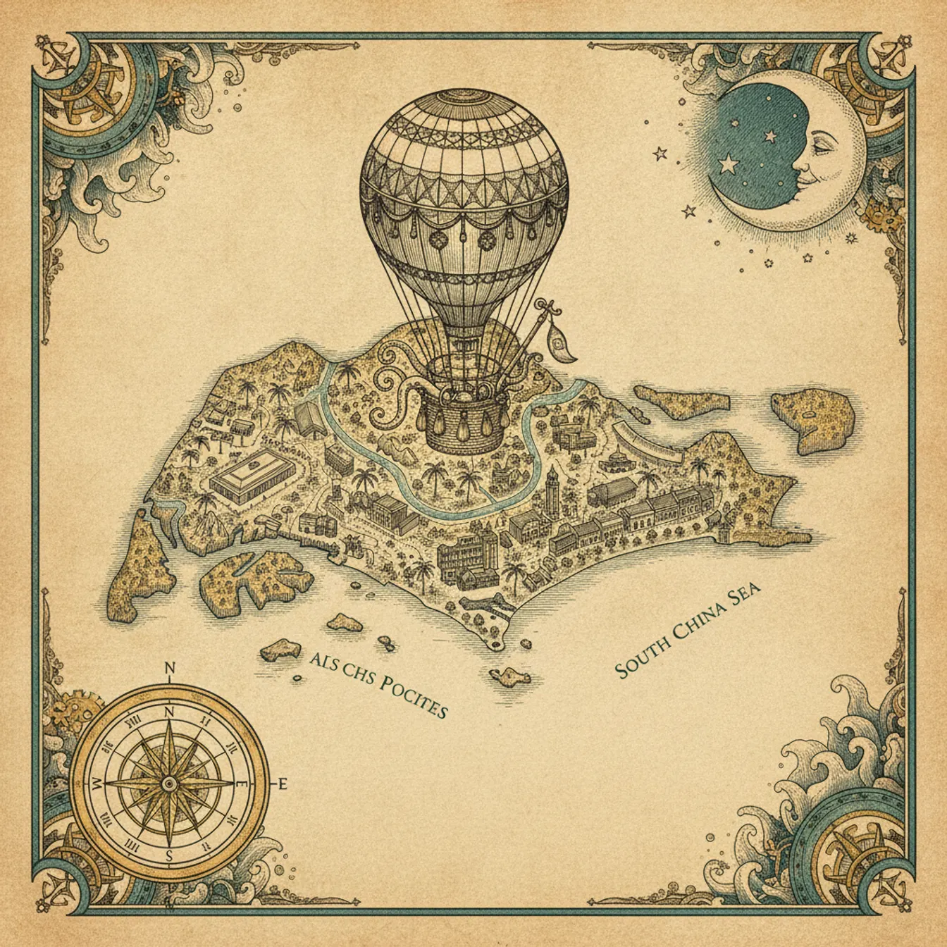 Hand-drawn tilted map of singapore