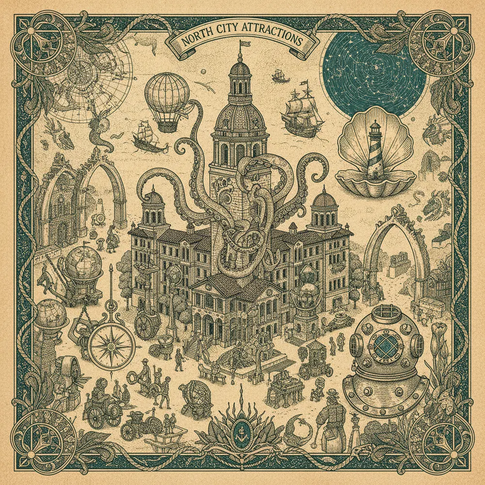 Detailed engraving of North City Attractions