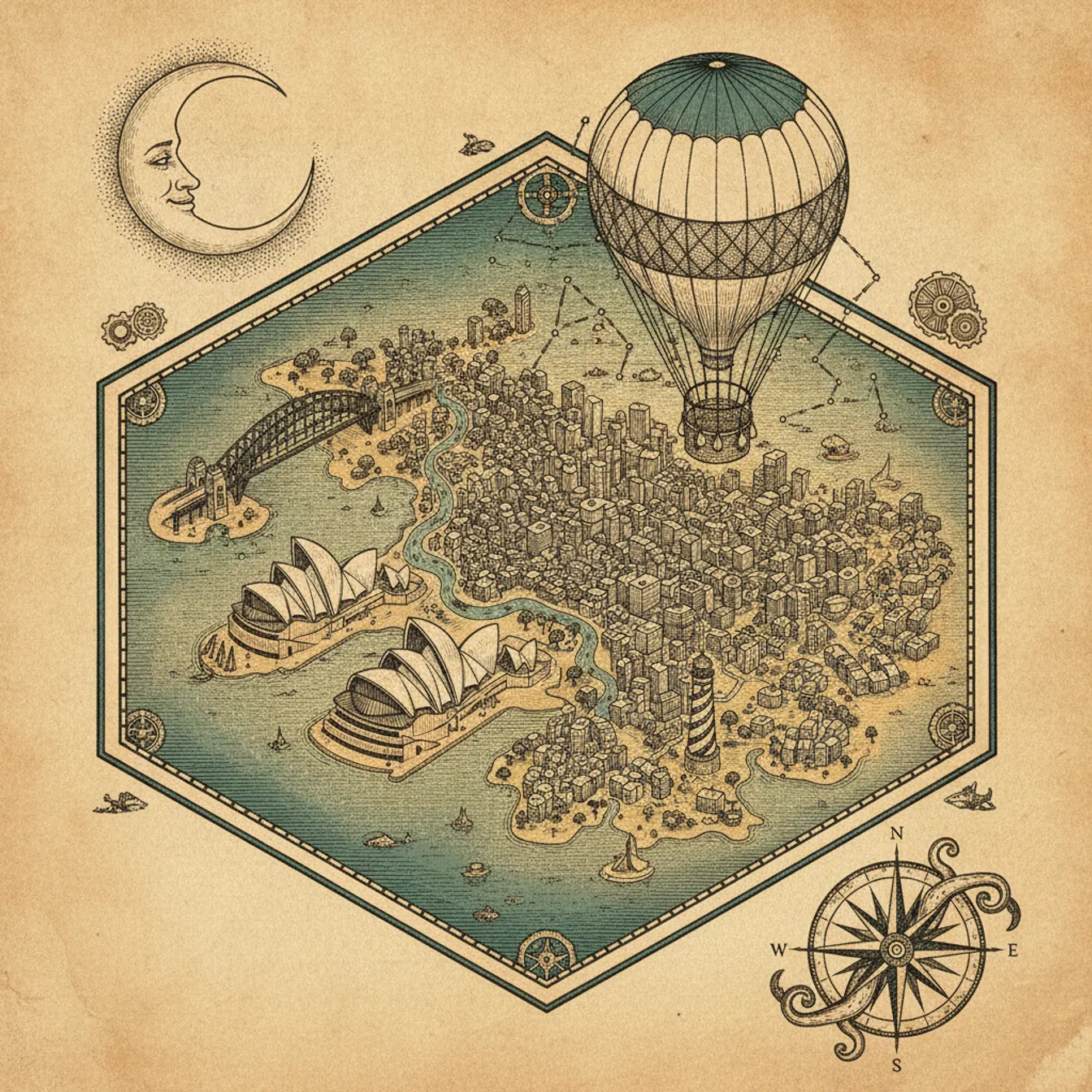 Hand-drawn tilted map of sydney