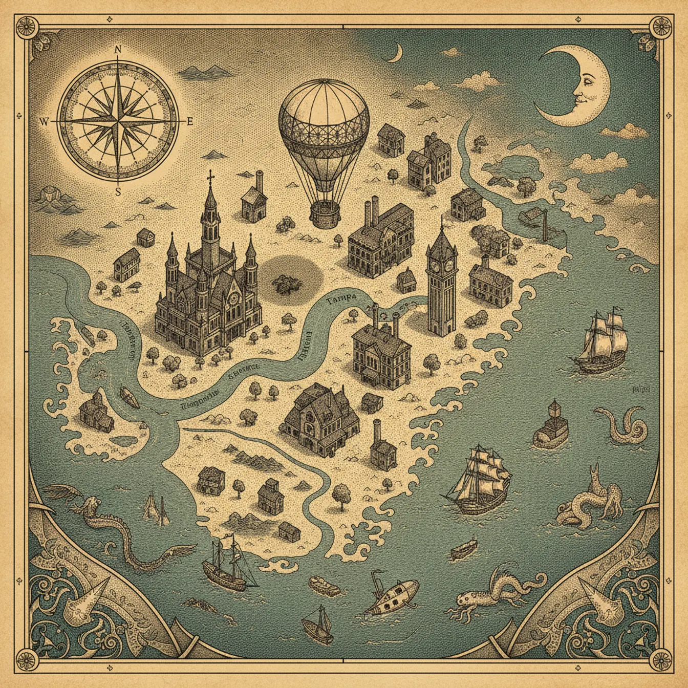 Hand-drawn tilted map of tampa