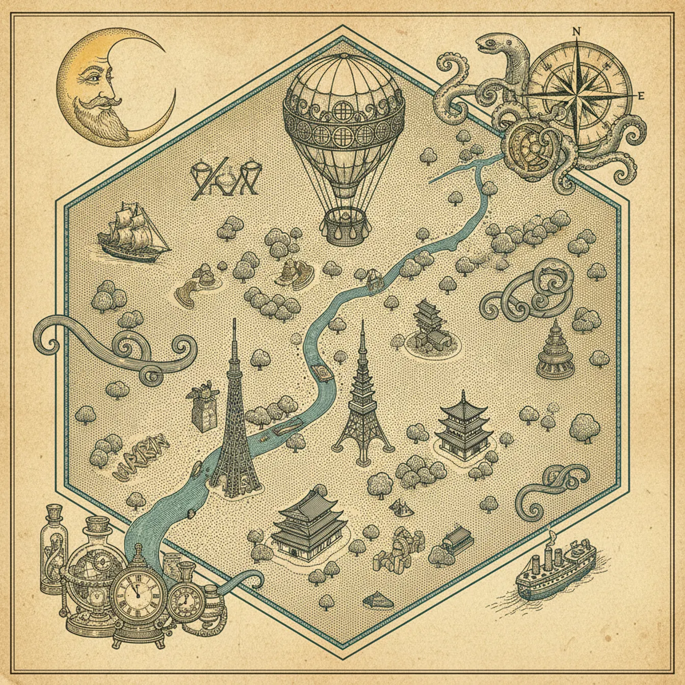 Hand-drawn tilted map of tokyo