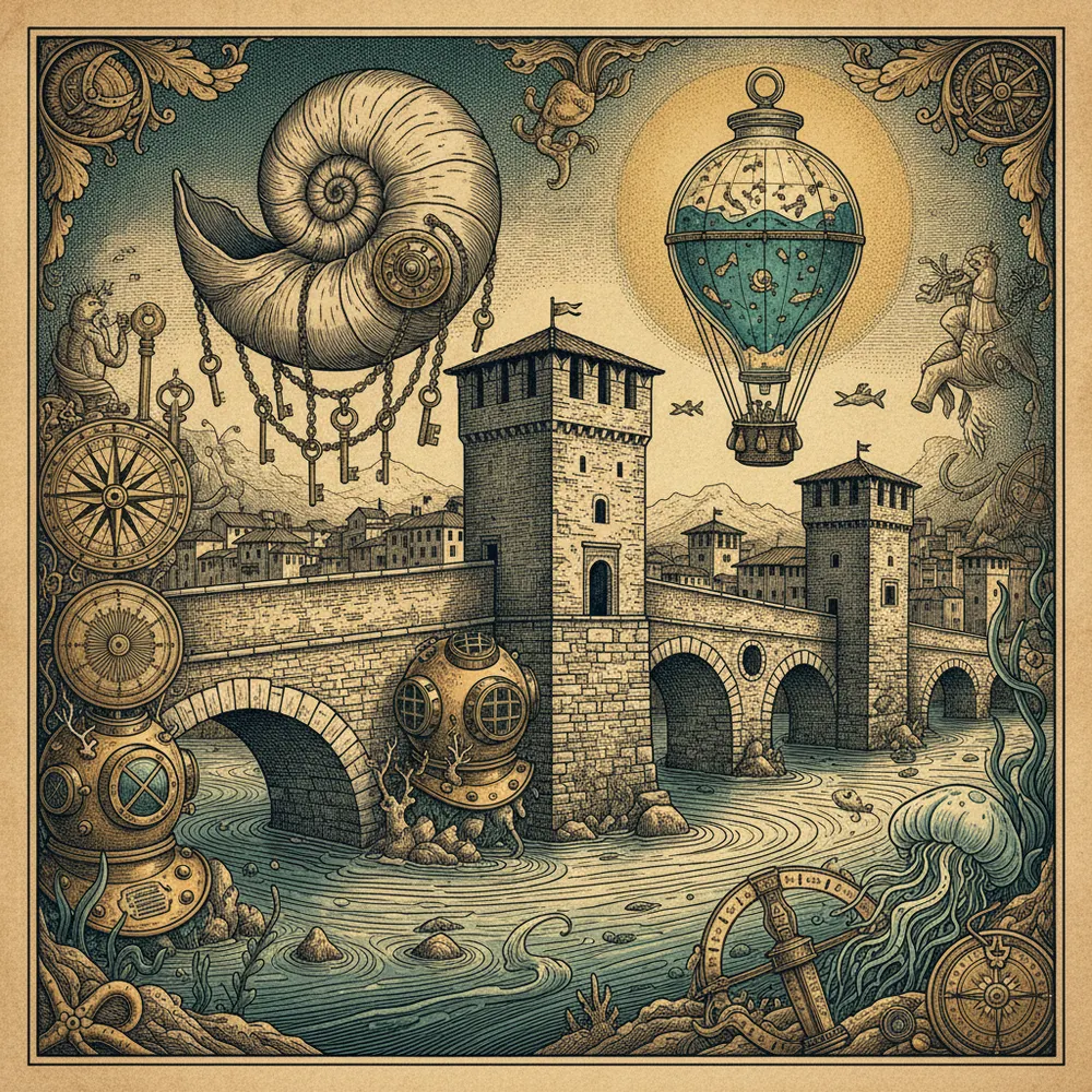 Detailed engraving of Castelvecchio & Adige